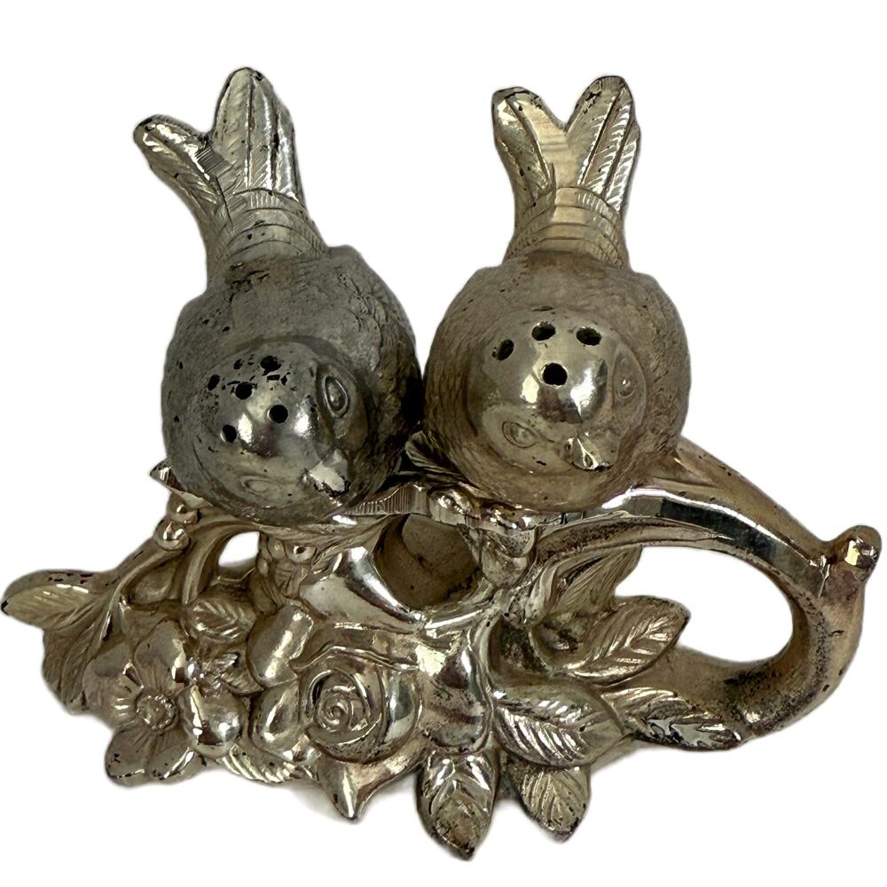 Vintage Birds on Floral Branch Base Salt & Pepper Shakers Love Birds Metal